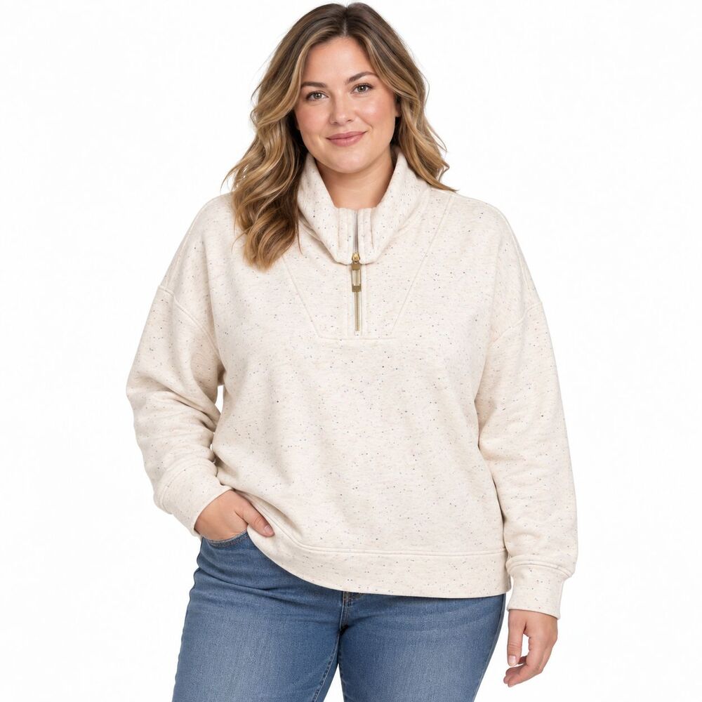 Womens XL Cream Quarter Zip Pullover Sweatshirt Funnel Mock Neck